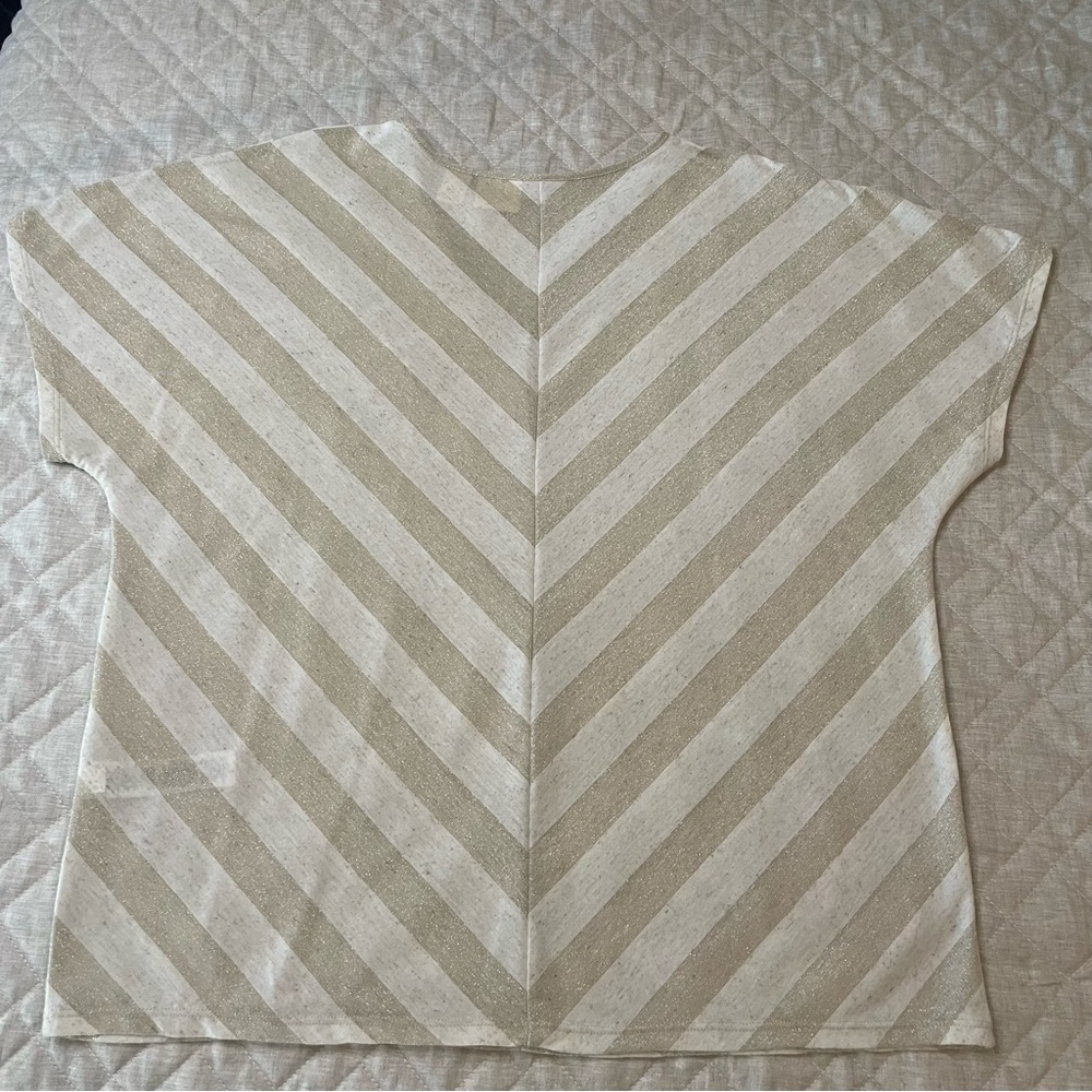 Chico’s Tan Linen Metallic Gold Diagonal Stripe V-Neck Top Chico’s size 3 / XL - Picture 6 of 11